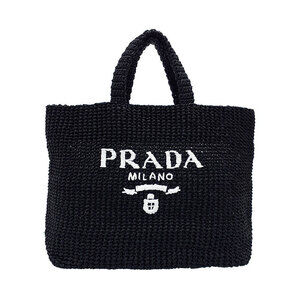Prada Raffia Crochet Tote Bag woven texture embroidered logo Black